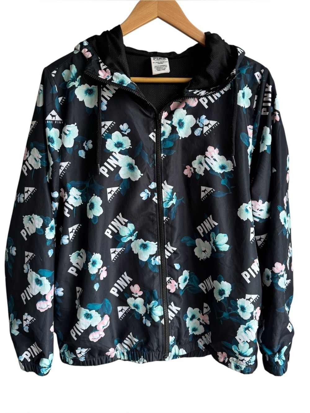 PINK Victoria's Secret Floral Windbreaker Jacket M/L Black Blue Logo Full Zip